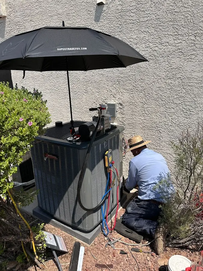 HVAC technician performing outdoor AC maintenance in Oak Park